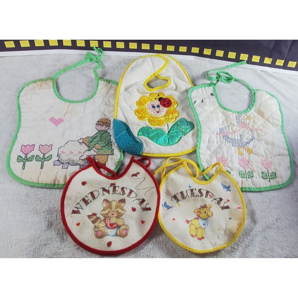 5 Vintage Pre Owned Iridescent Flower Duck Tuesday Wednesday Sheep Baby Bibs